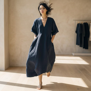 Wholesale Price Handmade Kaftan <b>Dress</b> Loose Fit V Neck <b>Bell</b> <b>Sleeve</b> Relaxed Minimal Daily Outfit Pockets Midi 100% Cotton Vintage - Product Image 3