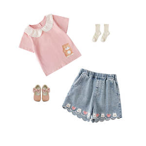 Haut de gamme personnalisé enfants filles dessin animé broderie Jean Shorts bébé enfants vêtements lavé au sable bord ondulé Denim Shorts - Product Image 2