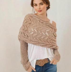 女式针织披肩带袖长袖多功能弹力围巾提花镂空纯色毛衣 - Product Image 1