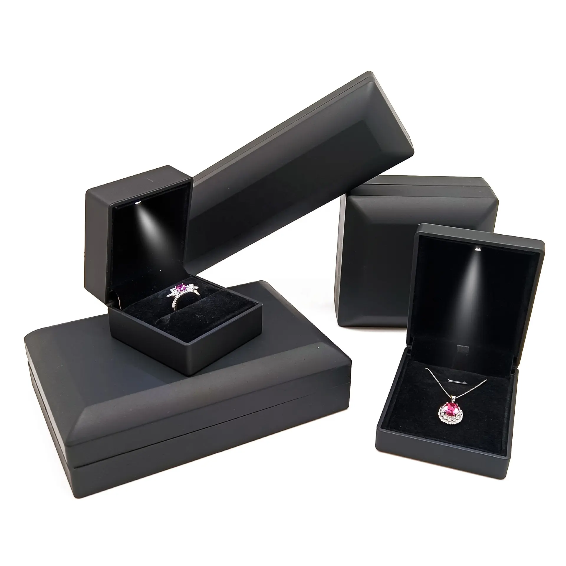 Factory In Stock LED Plastic Jewelry Box Ring Pendant Bracelet Long Chain Jewelry Box Set