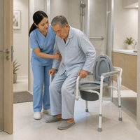 Chaise de toilette pliante avec cadre en acier, hauteur réglable, dossier et accoudoirs, pour personnes âgées et handicapées