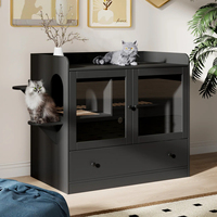 Meuble Condo pour Chat avec Portes en Verre, Tour Moderne Noire pour Chat avec Tiroirs et Perchoirs Latéraux, Armoire d'Escalade Intérieure pour Chat