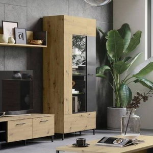 Avatnova — armoire de salon en chêne, 1 étagère ouverte <span class=keywords><strong>et</strong></span> porte en verre, intérieur <span class=keywords><strong>noir</strong></span> foncé <span class=keywords><strong>et</strong></span> mat, armoire <span class=keywords><strong>haut</strong></span> de gamme moderne - Product Image 1