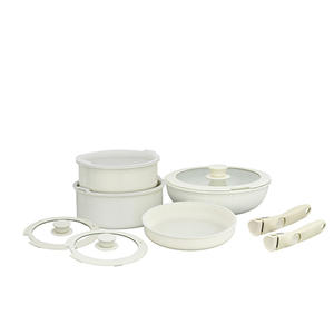 Juego de utensilios de cocina de 11 piezas antiadherentes de aluminio con asas de silicona desmontables Cubiertas de vidrio Apto para lavavajillas y ecológico en blanco - Product Image 1