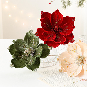 Décorations <span class=keywords><strong>de</strong></span> <span class=keywords><strong>Noël</strong></span> modernes en tissu <span class=keywords><strong>de</strong></span> luxe haut <span class=keywords><strong>de</strong></span> gamme <span class=keywords><strong>de</strong></span> 24 cm, nouvelles fleurs artificielles floquées à la poudre collante - Product Image 1