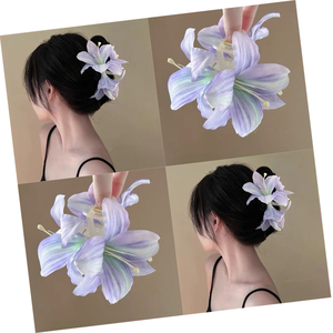 Pince à <span class=keywords><strong>cheveux</strong></span> florale extra large - Pince en plastique bleu givré motif lys pour femmes et filles, <span class=keywords><strong>accessoires</strong></span> bohèmes pour mariage à la plage - Product Image 2