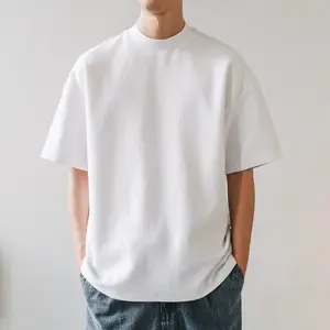 Wholesale Blank Solid Small Neckline Vintage Oversized T-hirt 350gsm Mock Neck Oversized Heavyweight Cotton Mens T Shirt