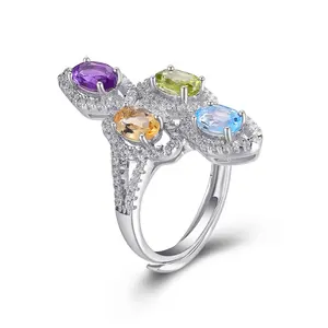 C4038 Abiding Natural Colored Semi Gemstone Amethyst Peridot Blue Topaz Citrine 925 Sterling Silver Really Adjustable Ring