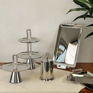 Manijas de bandeja de servicio de Metal de lujo a cuadros plateados de acero inoxidable para fiesta decoración del hogar restaurante Hotel platos - Product Image 2