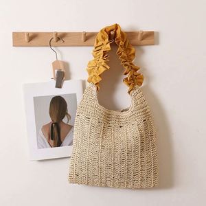 กระเป๋าฟางสานขอบลายเห็ด แฟชั่นฤดูร้อน 2025 สีพื้นใหม่ กระเป๋าสะพายไหล่สำหรับไปทะเล ชายหาด กลางแจ้ง - Product Image 3