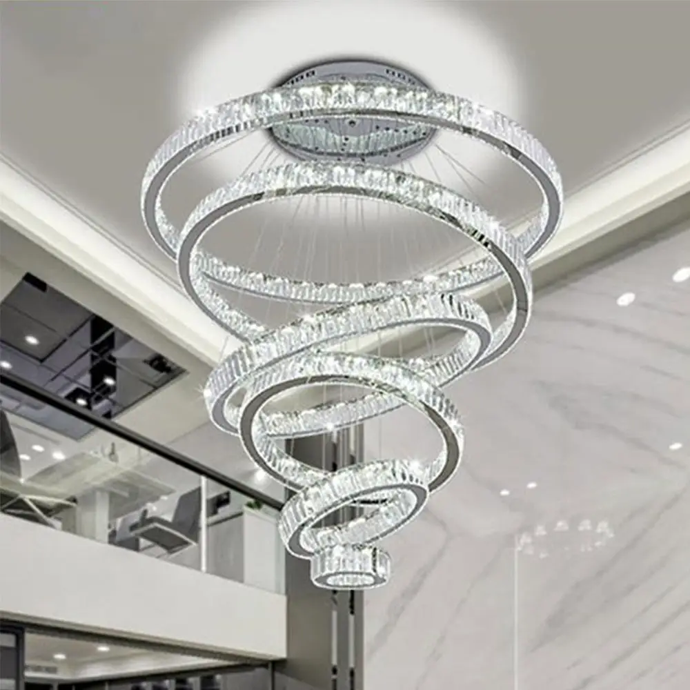 Modern home staircase high ceiling luxury Crystal ring chandeliers pendant lights