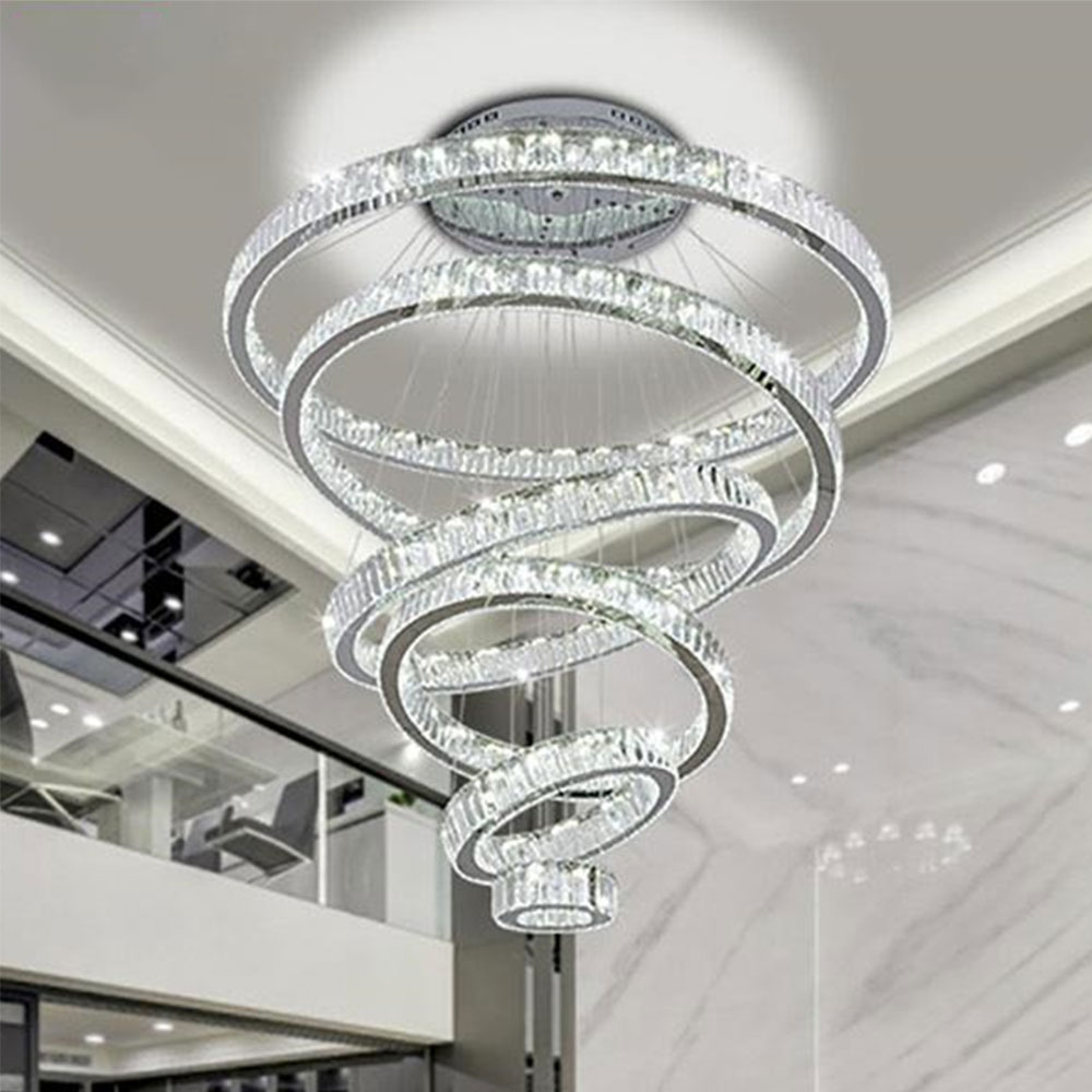 Modern Home Staircase High Ceiling Luxury Crystal Ring Chandeliers Pendant Lights