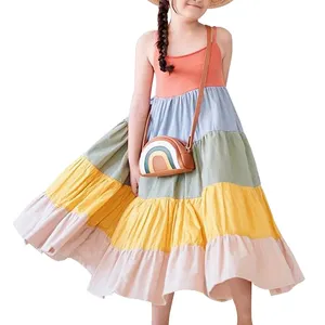 도매 어린이 소녀 일반 면화 드레스 스파게티 스트랩 컬러 블록 무릎 길이 아기 소녀 캐주얼 여름 드레스