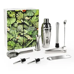 Kit barista in acciaio inossidabile con logo inciso a Laser con shaker per cocktail boston confezionato con confezione regalo