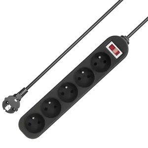 French Type 5 Way Power Strip Electrical Plug with Switch Black Extension Socket Home Office