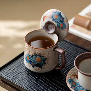 Guanlan Ceramic <b>Mug</b> Floral Design <b>Large</b> Capacity Office Tea Cup New Chinese Style - Product Image 4