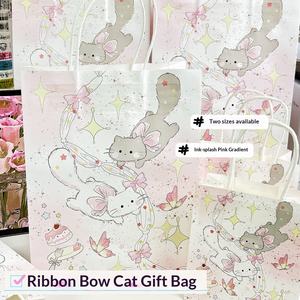 Sac cadeau à main en papier kraft durable de haute qualité avec nœud en ruban, motif chat mignon de dessin animé, pour l'anniversaire d'un meilleur ami - Product Image 3