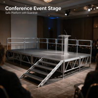 Plateforme de scène portable en aluminium avec garde-corps et escalier, scène noire antidérapante pour événements, conférences et spectacles
