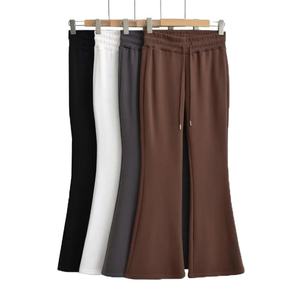Pantalon de jogging décontracté pour femme, coupe mi-haute, jambe évasée, hiver, respirant, doux, large, jambe droite, polaire, uni, teinture unie - Product Image 1