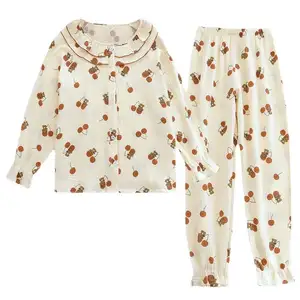 Oem Lente Hoge Kwaliteit Vrouwen Kartonprint Huiskleding Slaapkleding Dames Katoenen Stof Lange Mouw Voor Dames Leuke Pyjama Sets