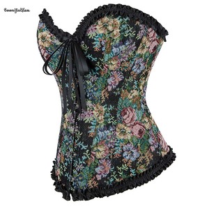 Plus Size Xs-xxl Vintage Renaissance Fair Corselet Woman's Black <strong>Rose</strong> Printed Denim Jean Fabric Ruffled Corset <strong>Top</strong> - Product Image 2