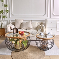 Table basse en bois avec plateau en verre, style farmhouse, structure métallique artisanale et durable, facile à assembler, meubles de salon