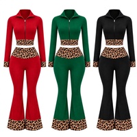Ensemble de survêtement moulant Y2K pour femme, veste courte zippée à col montant imprimé léopard personnalisé et pantalon évasé, tenue de yoga 2 pièces pour femme, idéal pour Noël