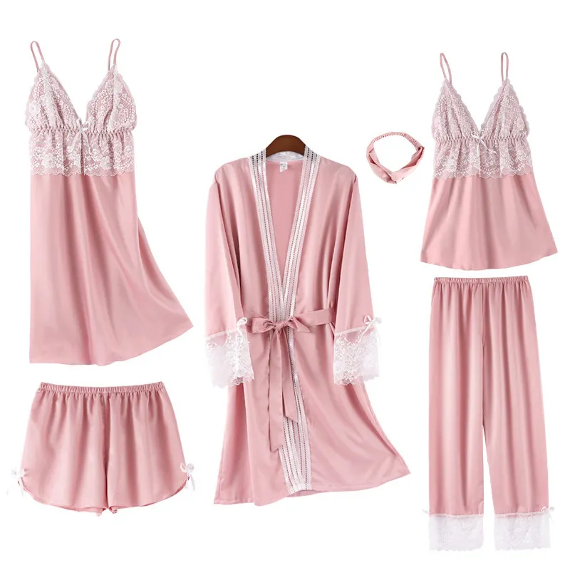 With chest pad four seasons can wear five piece set female spring and summer sexy suspender nightgown long pants five piece set
