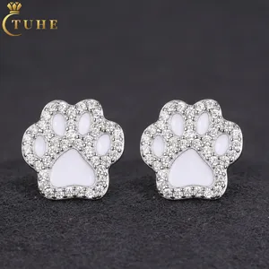 New Trendy Men Women Jewelry Enamel Plated 925 Sterling Silver VVS Moissanite Diamond Cute Dog Paw Stud Earrings For Girls