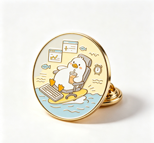 Pin Metálico Circular Bañado en Oro con Diseño de Pato Trabajando en Teclado en Agua, Esmalte Duro, Temática Animal, Artículo Coleccionable - Product Image 4