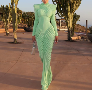 Robes de la Saint-Valentin Viviblook Z0117DS01 pour femmes, nouvelle robe de soirée élégante à col haut, dos nu, patchwork plissé, maxi - Product Image 2