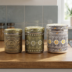 Oriental Engraved Stainless steel spice Containers Set With Lid Round Design <b>Storage</b> <b>Boxes</b> For <b>Kitchen</b> Use - Product Image 6