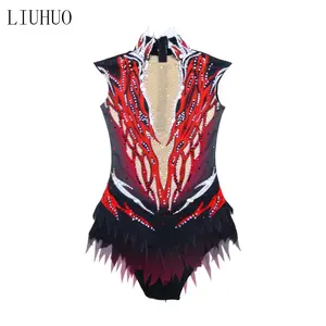 LIUHUO sanatsal mayoları kırmızı rekabet kadın kızlar ritmik jimnastik performans giyim kolsuz leotard egzotik giyim