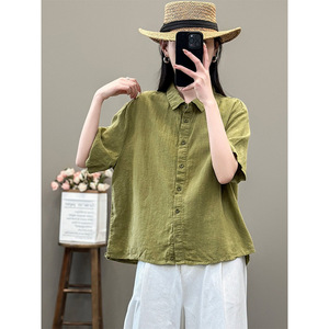 Women's Linen Shirt Green Five Quarter Sleeve Button Down Commuting Top - Product Image 1