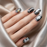 Ongles press-on imprimés UV motif lapin mignon, ongles courts carrés noirs brillants, ongles acryliques réutilisables