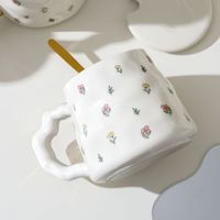 Tasse en céramique à motif floral, résistante aux hautes températures, grande capacité, tasse à café française avec cuillère, cadeau pratique