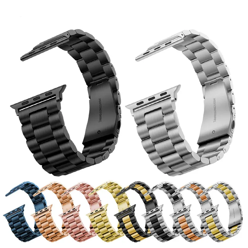 New Solid 304 Double Button Clasp Stainless Steel Metal Watch Band Strap Men Belt For Apple Watches iWatch 7 Bracelet 41mm 45mm