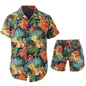 New Summer Floral Casual Breathable <b>Knitted</b> 100% Polyester 300g Tracksuit Men's Beachwear 2 Piece Custom T-shirt Shorts <b>Set</b> - Product Image 1