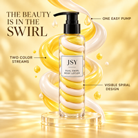Lotion corporelle double tourbillon jaune et blanc à marque privée avec système double crème visible, texture soyeuse et soin hydratant lissant
