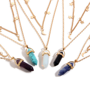Collier en <span class=keywords><strong>diamant</strong></span> naturel et cristal pour femmes, motif de lien de lune étoile hexagonale <span class=keywords><strong>avec</strong></span> <span class=keywords><strong>pendentif</strong></span> en forme de balle point de guérison - Product Image 1