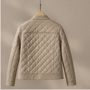 Veste en cuir courte pour <span class=keywords><strong>femme</strong></span>, col montant, <span class=keywords><strong>manteau</strong></span> matelassé avec doublure en mélange de <span class=keywords><strong>laine</strong></span> et de <span class=keywords><strong>laine</strong></span> de chameau - Product Image 3