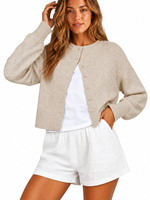 Damen Strickjacke mit Rundhalsausschnitt, Knopfleiste und langen Ärmeln, geripptem Saum, niedliche kurze Oberbekleidung, OEM/ODM