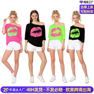 Retro Fluorescent Lip Print Off-Shoulder T-Shirt Women's Oversized Three Quarter Sleeve Jersey <b>Top</b> - Product Image 3