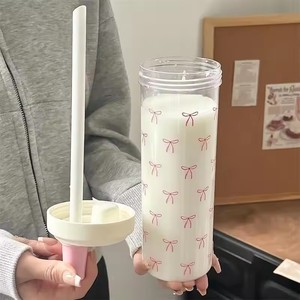Botella de agua de paja con lazo rosa de gran capacidad de 700ML con tapa, taza de agua de plástico de grado alimenticio, tazas de té de leche para acampar al aire libre - Product Image 5