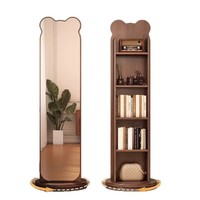 Miroir sur pied en bois cintrée avec étagères ouvertes, rotatif, pour chambre à coucher et rangement