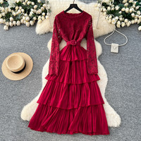 Robe décontractée élégante pour femme WIWT à manches longues, en dentelle, plissée, à volants, avec ceinture, pour tous les jours et les soirées