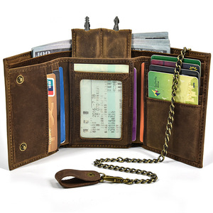 Portefeuille en cuir véritable Crazy Horse avec chaîne, porte-cartes fin à trois volets pour homme, pochette à monnaie, style vintage, vente en gros - Product Image 3