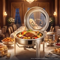 Réchaud de buffet rond argenté avec couvercle transparent rabattable, présentoir chauffant pour aliments, idéal pour hôtels, banquets et mariages