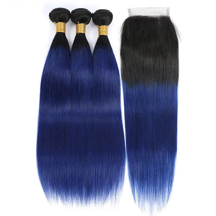 Good Prices 22 inch Malaysian Hair Ombre Color 1b/Blue# Straight Wave Raw Virgin Human Hair with Closure
