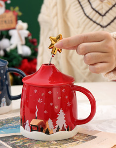 แก้วนมซานตาคลอสคุณภาพสูง 12 ออนซ์ แก้วน้ำ แก้วกาแฟ ของขวัญคริสต์มาส แก้วเซรามิก พร้อมช้อน - Product Image 1